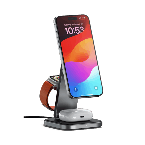 Satechi 3-in-1 Foldable Qi2 Wireless Charging Stand with Type A,C,G plugs – Space Gray