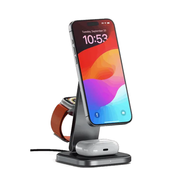 Satechi 3-in-1 Foldable Qi2 Wireless Charging Stand with Type A,C,G plugs – Space Gray